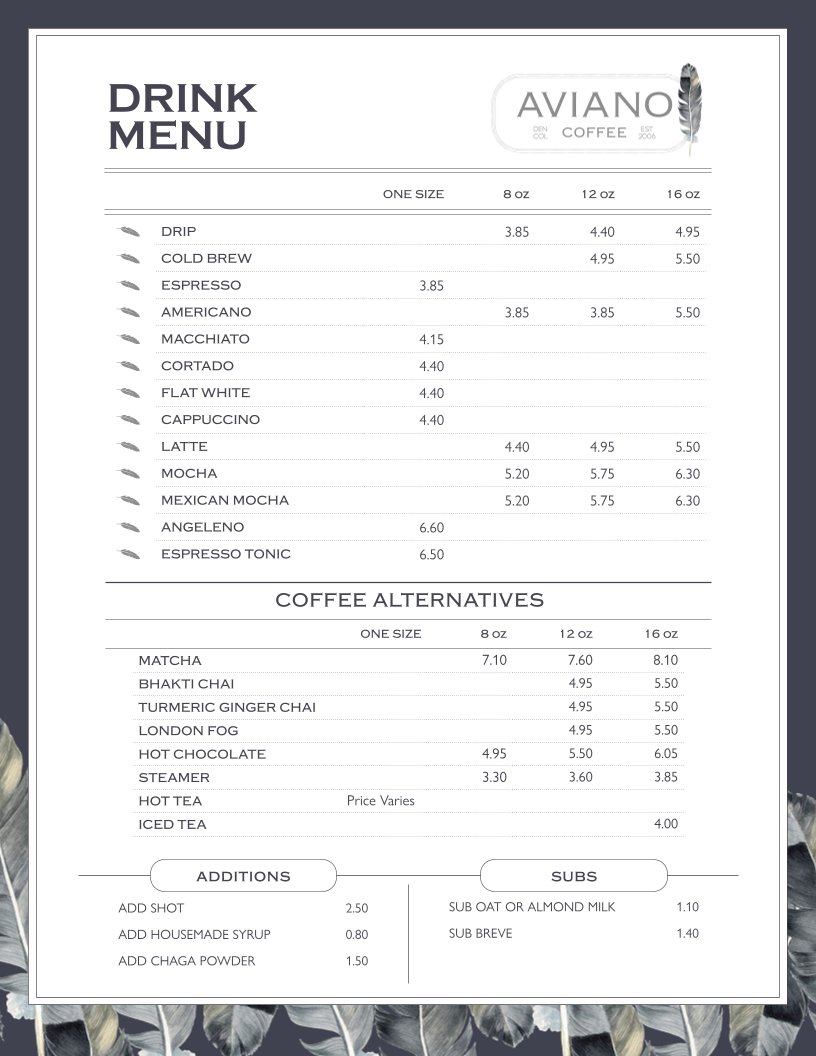 Aviano Coffee Cherry Creek North Menu - Image 1
